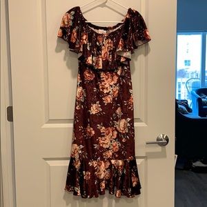 Velvet red floral off the shoulder dress